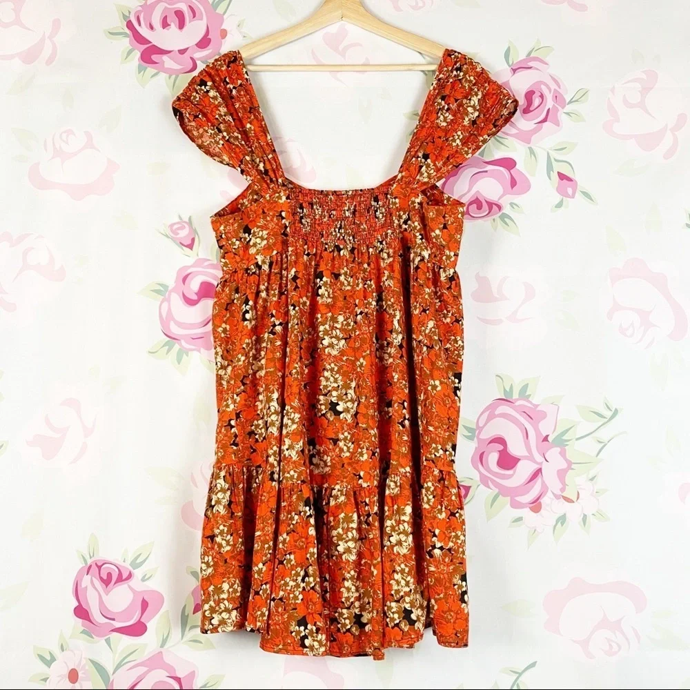 NEW Free People Orange Floral Pattern Play Linen Mini Dress L